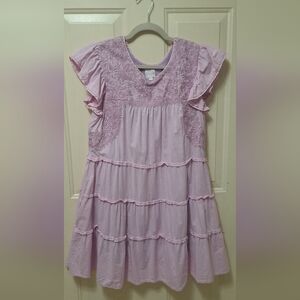 J. Marie embroidered, tiered ruffle- sleeve dress, Soft Lavander, Size Small